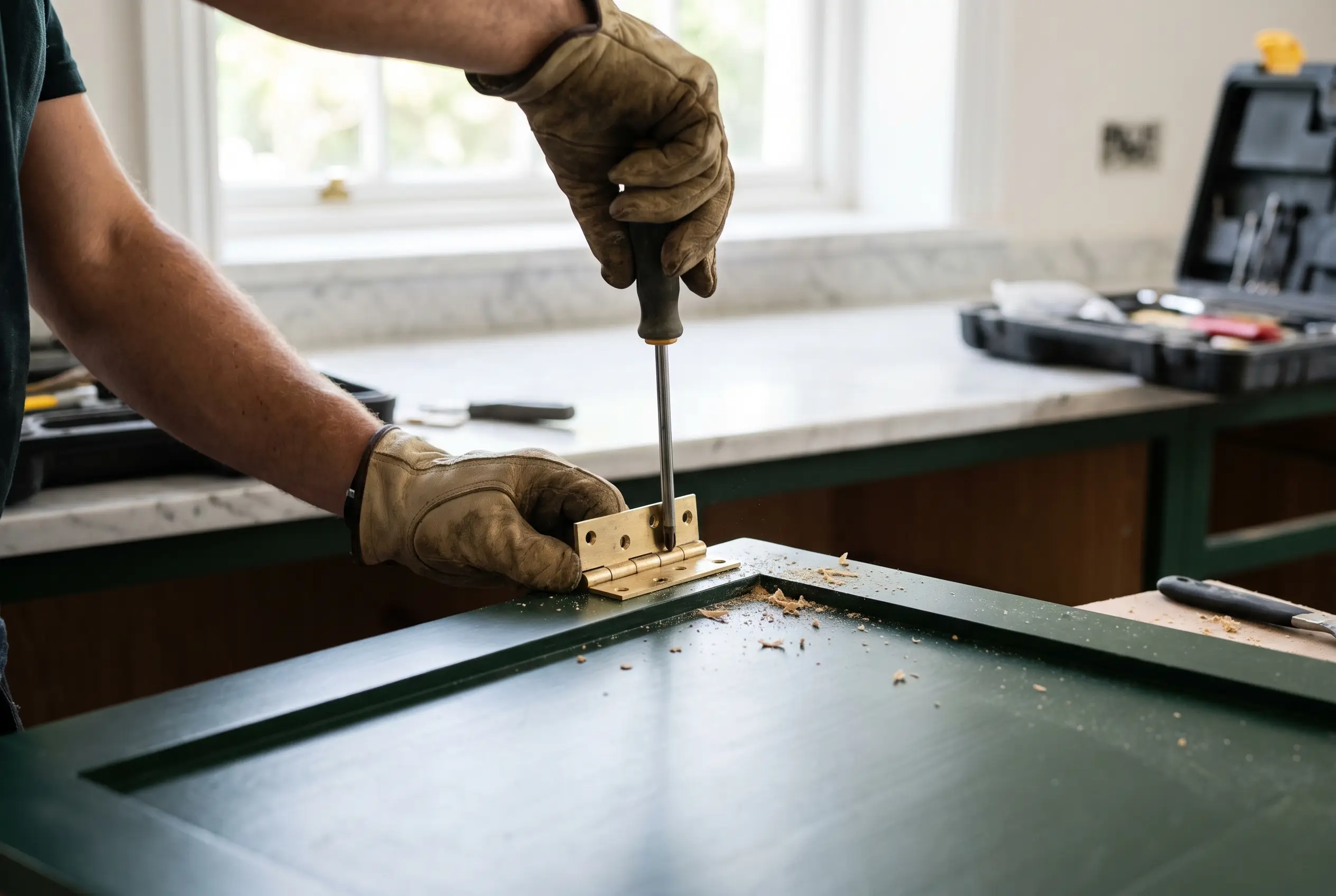 Craftsman fitting an unlacquered brass hinge to a bottle green cabinet door