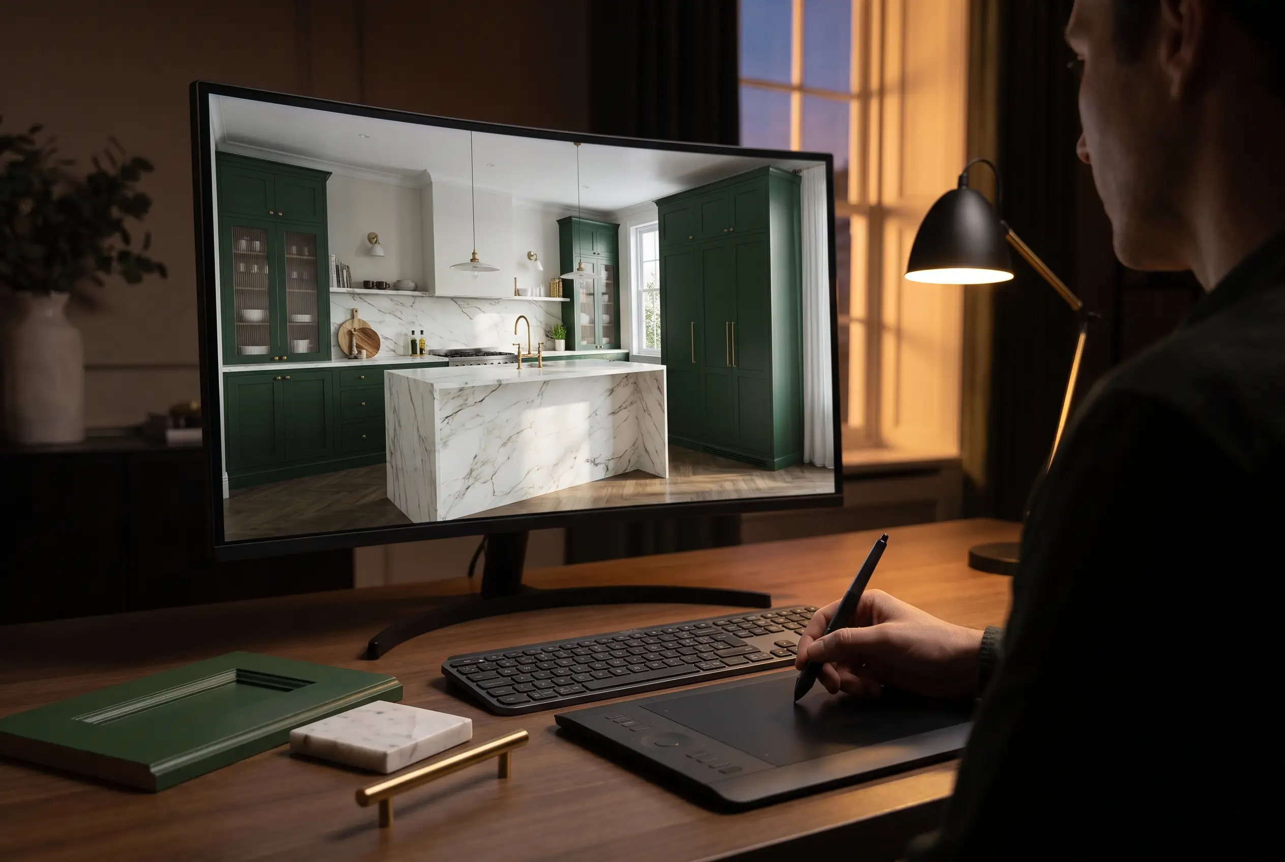 Kitchen designer refining a 3D model of a bottle green kitchen beside physical material samples