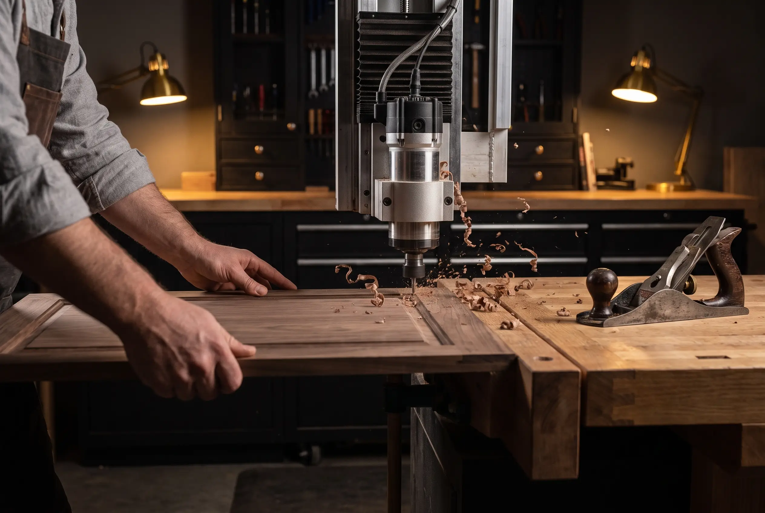 Walnut cabinet door being shaped on a precision CNC machining bed in the workshop